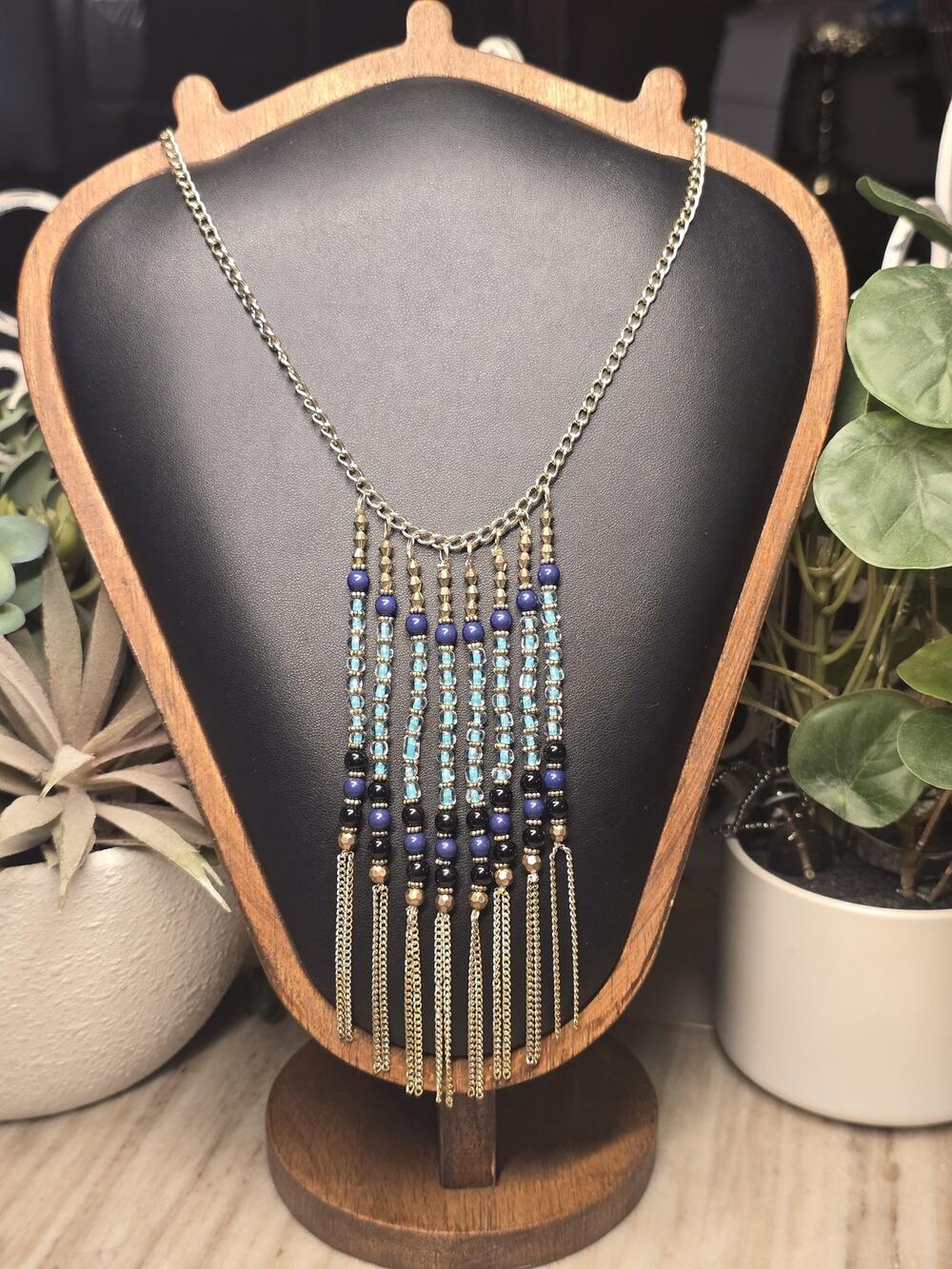 Vintage Blue Beaded Fringe Statement Necklace Gold Tone Festival Bib Necklace